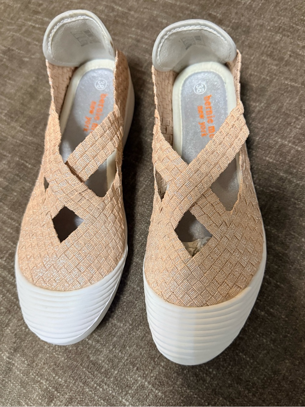 NEW Size 38 Woven Elastic Cross-Strap Slip-On Flats in rose gold